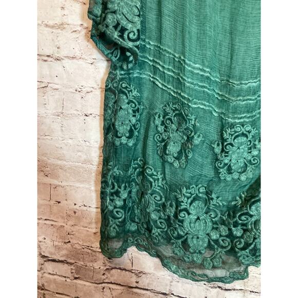 Soft Surroundings Silk Tunic Top Womens Petite Large Green Crinkled Embroidery - Picture 5 of 15